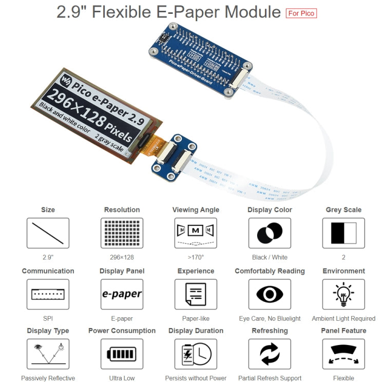 Waveshare 2.9 inch 296 x 128 Pixels Flexible E-Ink E-Paper Display Module Black/White for Raspberry Pi Pico, SPI Interface, 20125