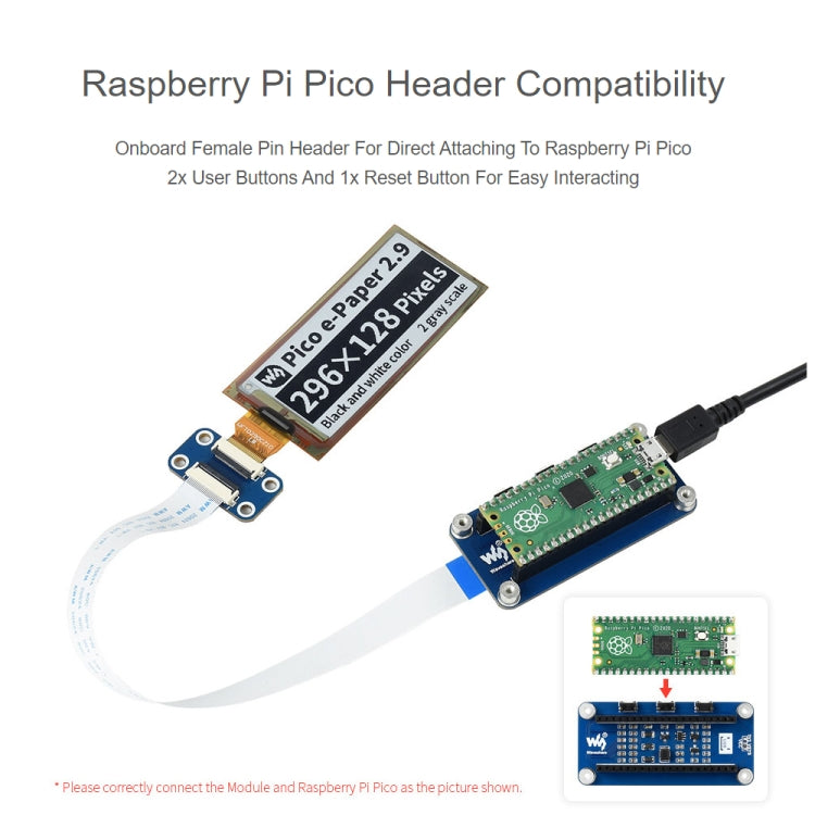 Waveshare 2.9 inch 296 x 128 Pixels Flexible E-Ink E-Paper Display Module Black/White for Raspberry Pi Pico, SPI Interface, 20125