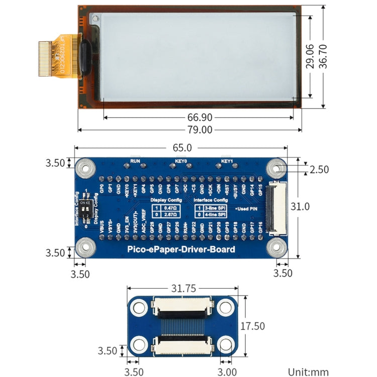 Waveshare 2.9 inch 296 x 128 Pixels Flexible E-Ink E-Paper Display Module Black/White for Raspberry Pi Pico, SPI Interface, 20125