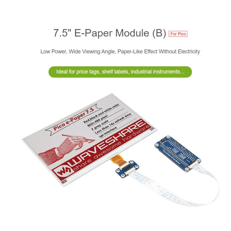Waveshare 7.5 inch 800x480 Pixel E-Ink E-Paper Display Module Red Black White (B) for Raspberry Pi Pico, SPI Interface, 20129