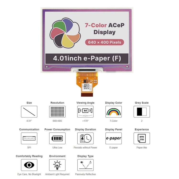 Display Waveshare E-Paper E-Ink Raw da 4,01 pollici ACeP 640x400 Pixel a 7 colori, senza PCB, 19078