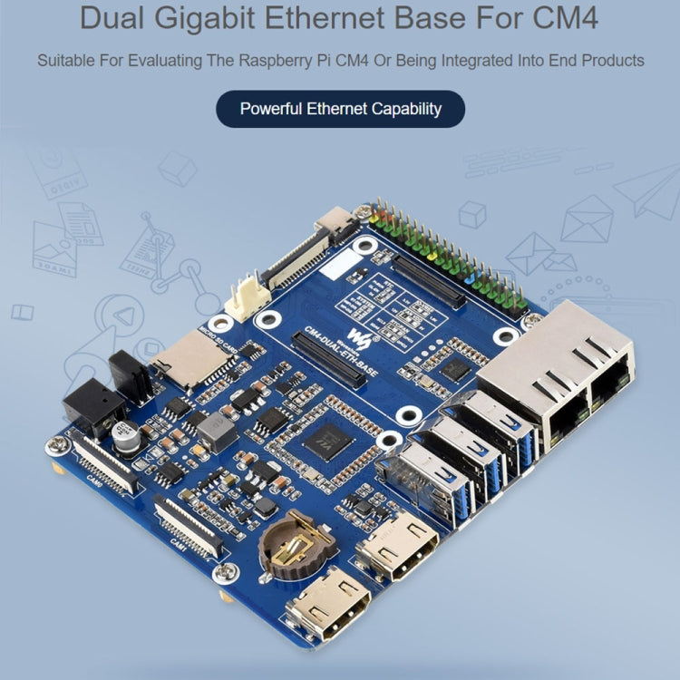 Modulo di elaborazione Waveshare Scheda base Dual Gigabit Ethernet per Raspberry Pi CM4, For Raspberry Pi CM4