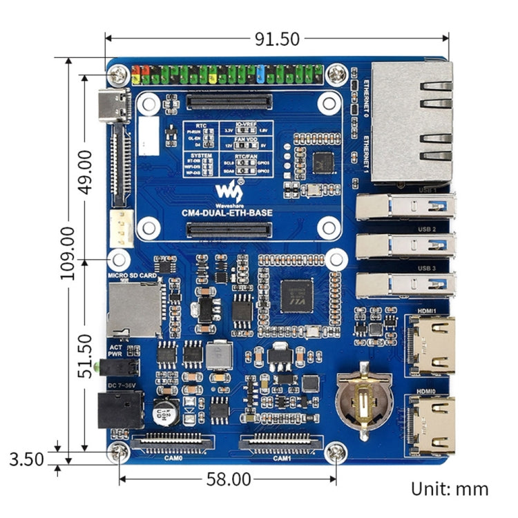 Modulo di elaborazione Waveshare Scheda base Dual Gigabit Ethernet per Raspberry Pi CM4, For Raspberry Pi CM4