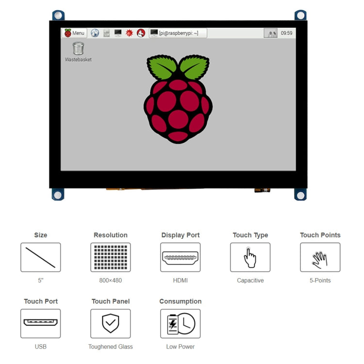 Waveshare Versione ridotta da 5 pollici Touchscreen capacitivo con pannello in vetro temperato 800 x 480 (H), 5 inch