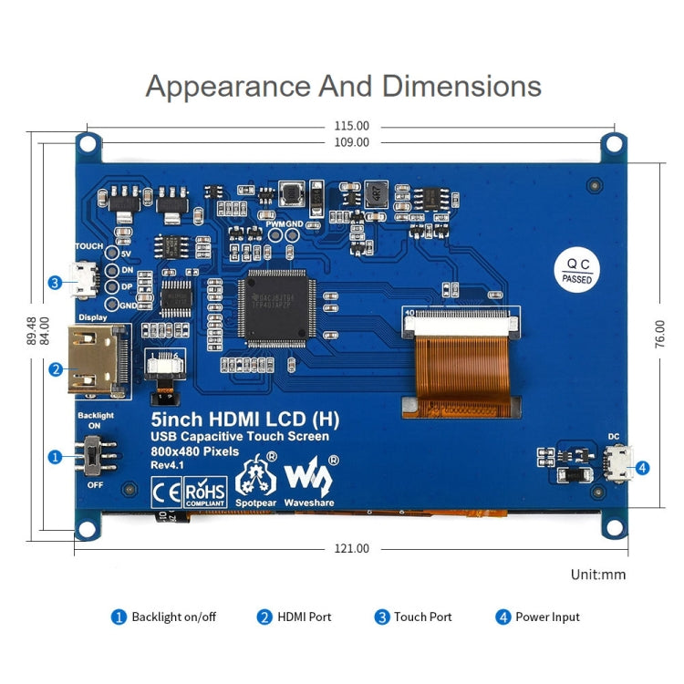 Waveshare Versione ridotta da 5 pollici Touchscreen capacitivo con pannello in vetro temperato 800 x 480 (H), 5 inch