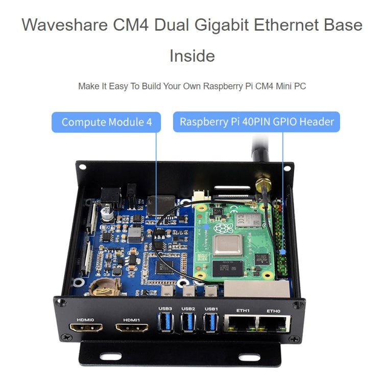 Waveshare Dual Gigabit Ethernet Mini Computer with Metal Case and Cooling Fan for Raspberry Pi CM4, Dual Gigabit Ethernet