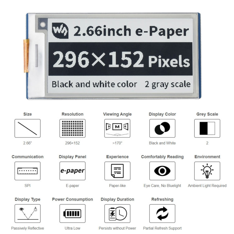 Waveshare 2.66 inch 296 x 152 Pixels Black/White E-Paper E-Ink Display Module for Raspberry Pi Pico, SPI Interface, 20052