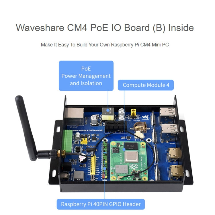 Waveshare PoE Type B Mini Computer Base Box with Metal Case and Cooling Fan for Raspberry Pi CM4