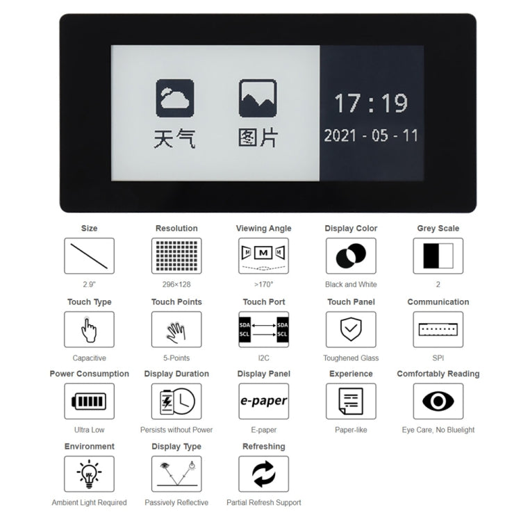 Waveshare 2,9 pollici 296 x 128 Pixel Touch capacitivo a 5 punti Nero/Bianco E-Paper Display E-Ink HAT per Raspberry Pi Pico, interfaccia SPI, 19967