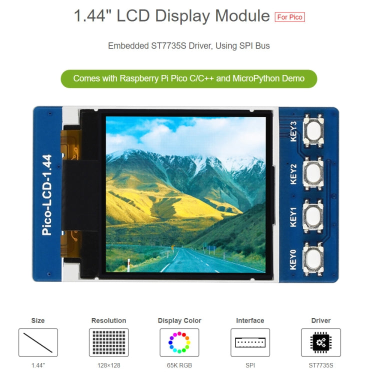 Modulo display WAVESHARE LCD da 1,44 pollici 65K colori 128 x 128 per Raspberry Pi Pico, interfaccia SPI, 1.44 inch