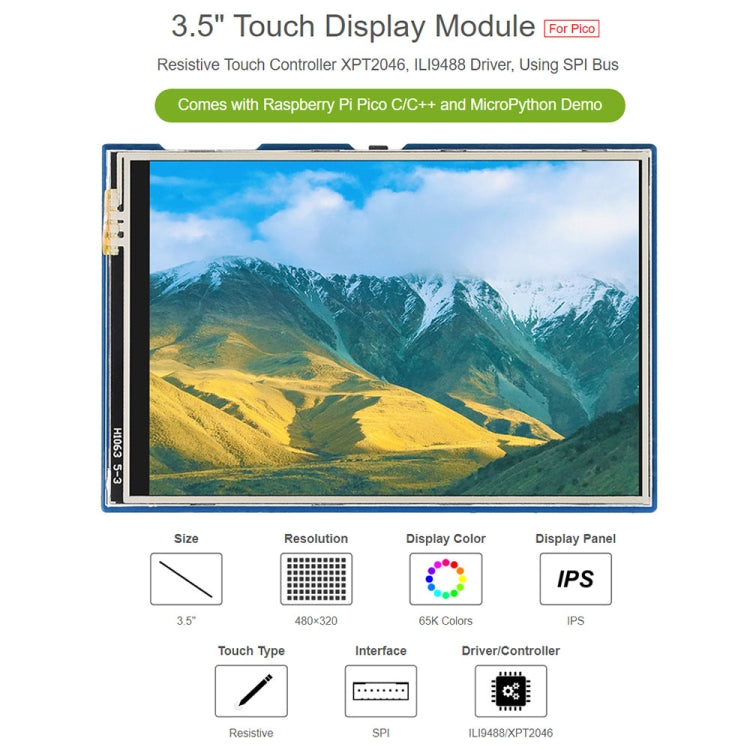 WAVESHARE Modulo display touch da 3,5 pollici 65K colori 480 x 320 per Raspberry Pi Pico, interfaccia SPI, 3.5 inch