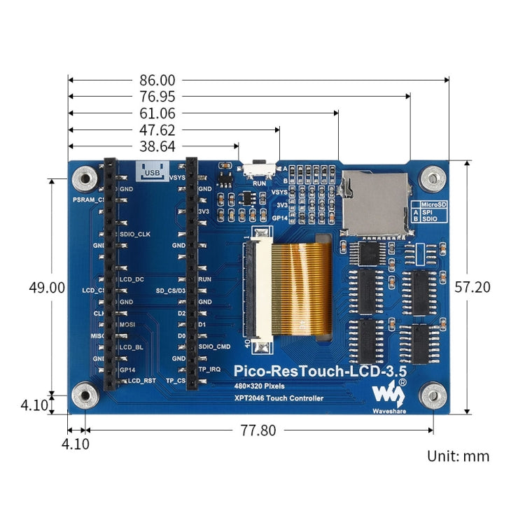 WAVESHARE 3.5 inch 65K Color 480 x 320 Touch Display Module for Raspberry Pi Pico, SPI Interface, 3.5 inch