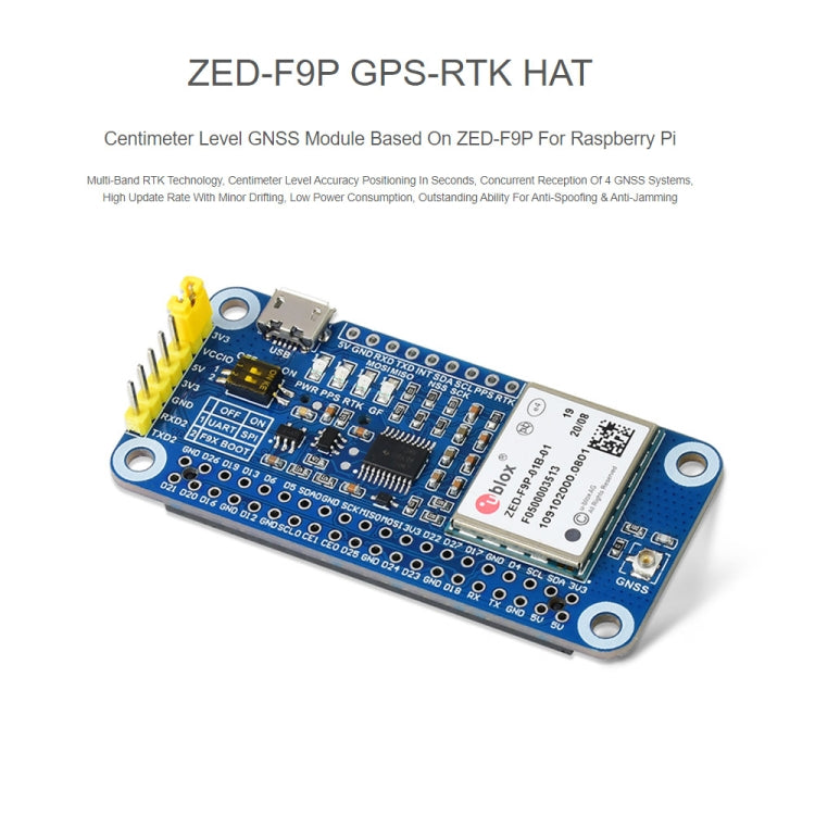 Waveshare ZED-F9P GPS-RTK HAT Modulo GPS differenziale RTK multi-banda con precisione a livello centimetrico per Raspberry Pi, ZED-F9P