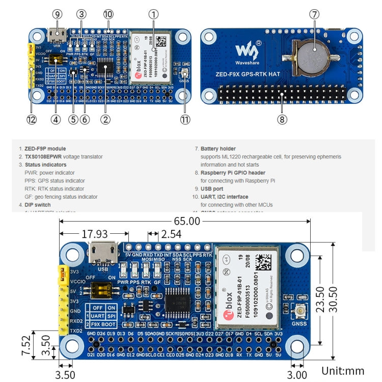 Waveshare ZED-F9P GPS-RTK HAT Multi-band RTK Differential GPS Module with Centimeter-Level Accuracy for Raspberry Pi, ZED-F9P