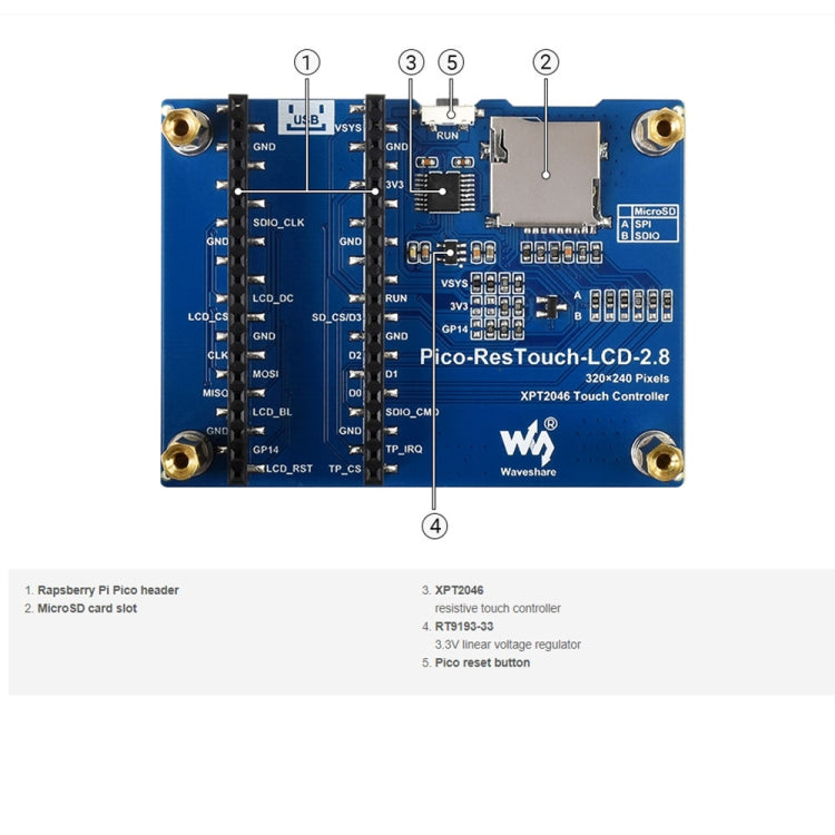 WAVESHARE 2.8 inch 262K Color 320 x 240 Pixel Touch Display Module for Raspberry Pi Pico, SPI Interface, 2.8 inch