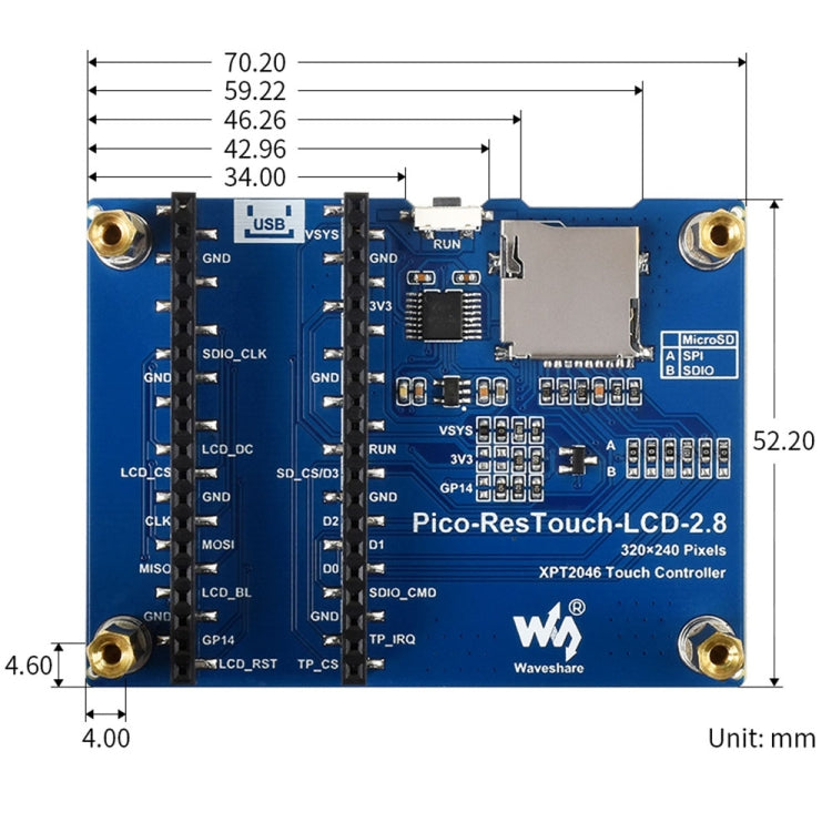 WAVESHARE 2.8 inch 262K Color 320 x 240 Pixel Touch Display Module for Raspberry Pi Pico, SPI Interface, 2.8 inch