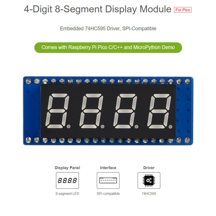 WAVESHARE 4-Digit 8-Segment Display Module for Raspberry Pi Pico, SPI Compatible, 19806