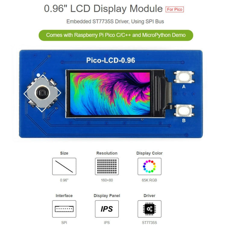 WAVESHARE 0.96 inch LCD Display Module 65K Colors 160x80 Pixels for Raspberry Pi Pico, SPI