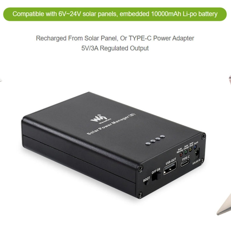 Waveshare Solar Power Manager, Built-in 10000mAh Li-Po Battery, Support 6V~24V Solar Panels, 19799