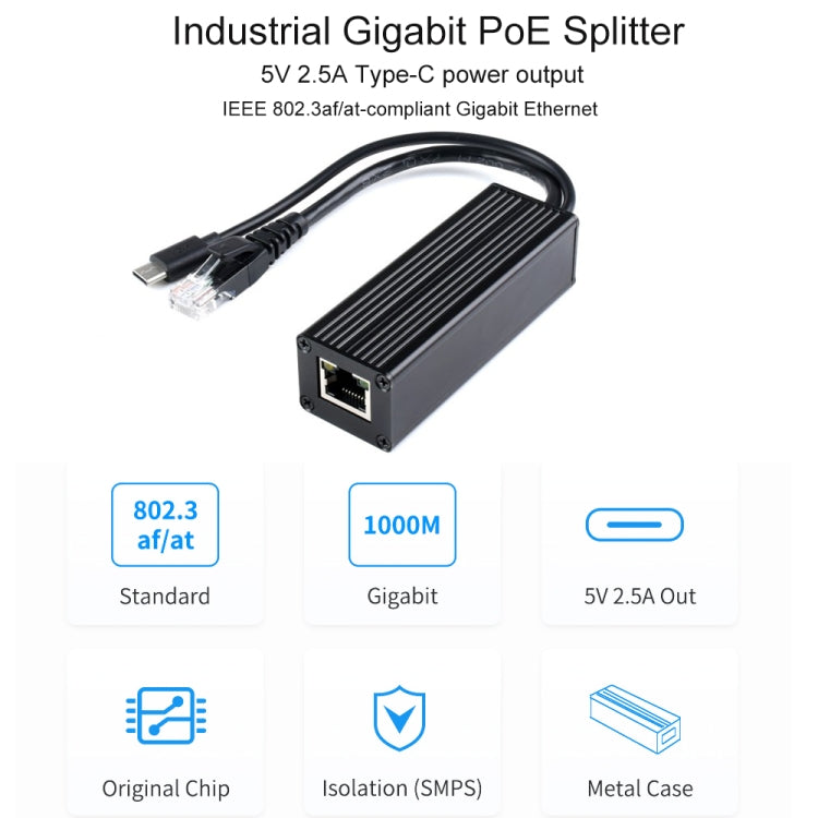 Splitter Gigabit PoE Waveshare con custodia in metallo, uscita Type-C 5 V 2,5 A