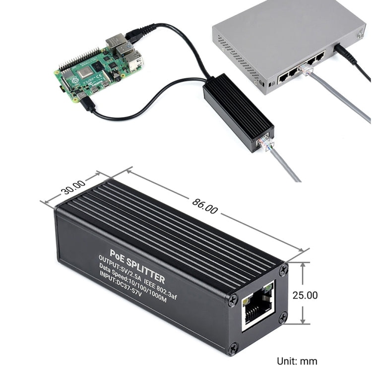 Splitter Gigabit PoE Waveshare con custodia in metallo, uscita Type-C 5 V 2,5 A