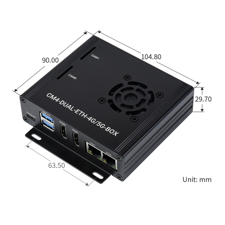 Waveshare Dual Gigabit Ethernet 5G/4G Computer Box with Cooling Fan for Raspberry Pi CM4