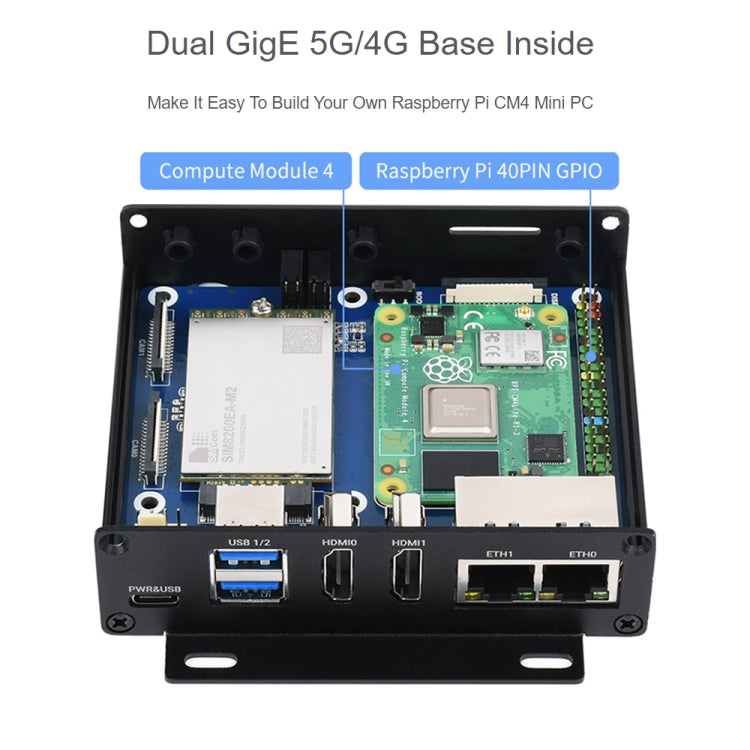 Waveshare Dual Gigabit Ethernet 5G/4G Computer Box with Cooling Fan for Raspberry Pi CM4