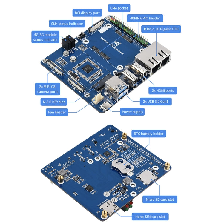 Waveshare Dual Gigabit Ethernet 5G/4G Computer Box con ventola di raffreddamento per Raspberry Pi CM4