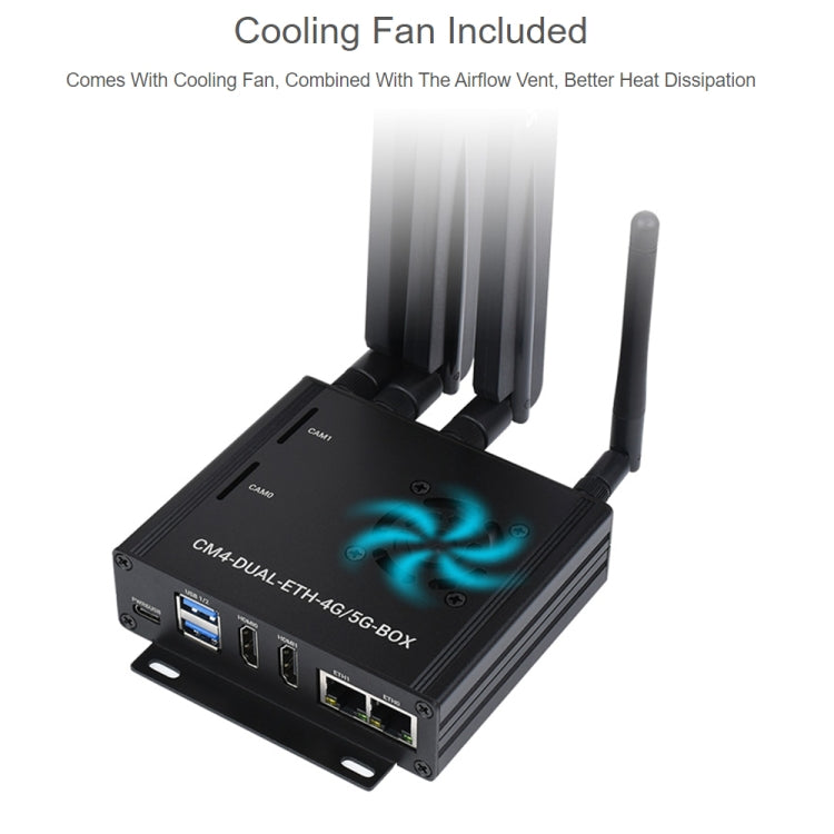 Waveshare Dual Gigabit Ethernet 5G/4G Computer Box with Cooling Fan for Raspberry Pi CM4