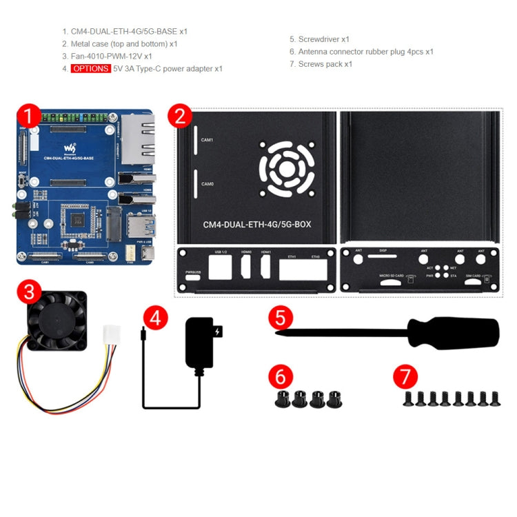 Waveshare Dual Gigabit Ethernet 5G/4G Computer Box with Cooling Fan for Raspberry Pi CM4