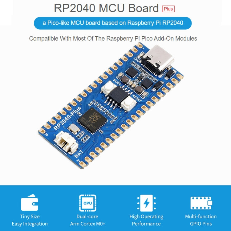 Scheda MCU Waveshare RP2040-Plus Pico-like basata su MCU Raspberry Pi RP2040, senza pinheader, RP2040-Plus without Pinheader