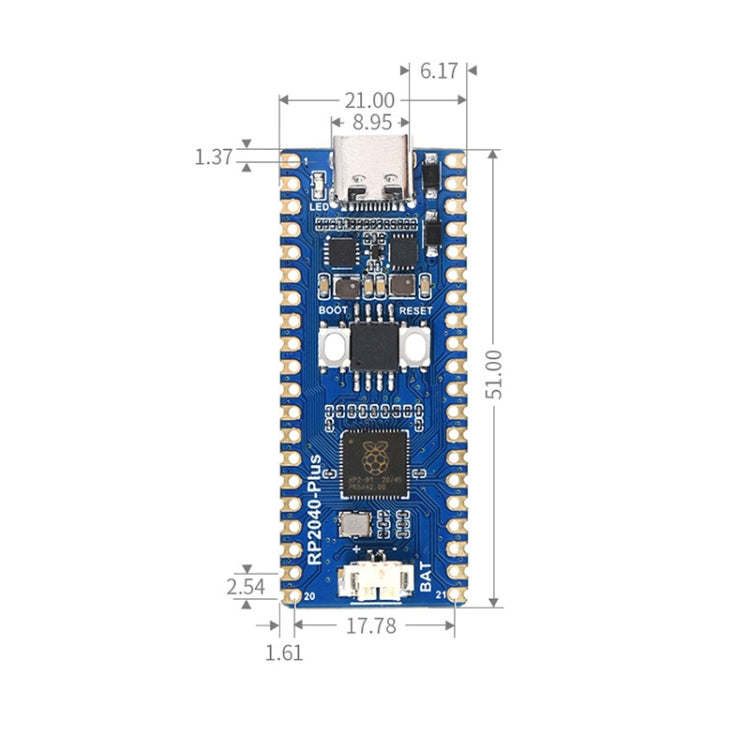 Scheda MCU Waveshare RP2040-Plus Pico-like basata su MCU Raspberry Pi RP2040, senza pinheader, RP2040-Plus without Pinheader