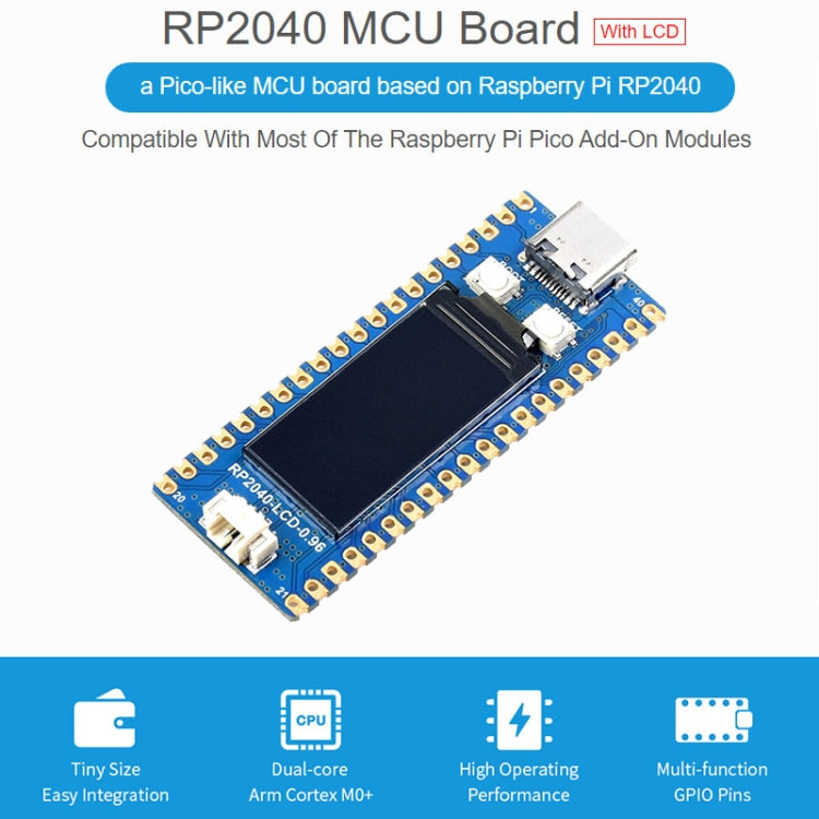 Scheda MCU Waveshare RP2040-LCD-0.96 Pico-like basata su MCU Raspberry Pi RP2040, con Pinheader, RP2040-LCD-0.96