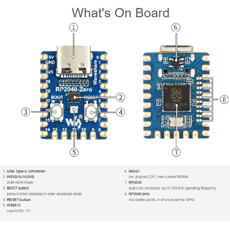 Waveshare RP2040-Zero Pico-like MCU Board Based on Raspberry Pi RP2040 MCU, with Mini Pinheader Version, 20335