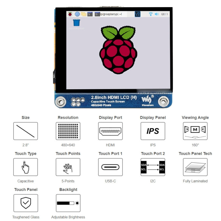 Waveshare 2.8 inch 480x640 HDMI (H) Fully Laminated IPS LCD Display