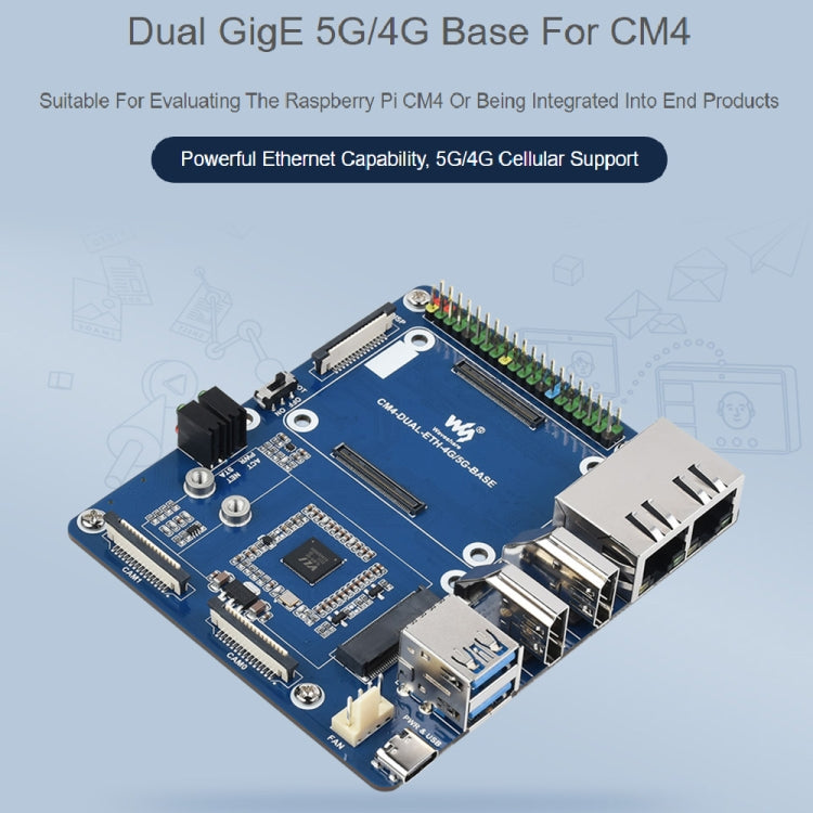 Scheda base Waveshare Dual Gigabit Ethernet 5G/4G per Raspberry Pi CM4