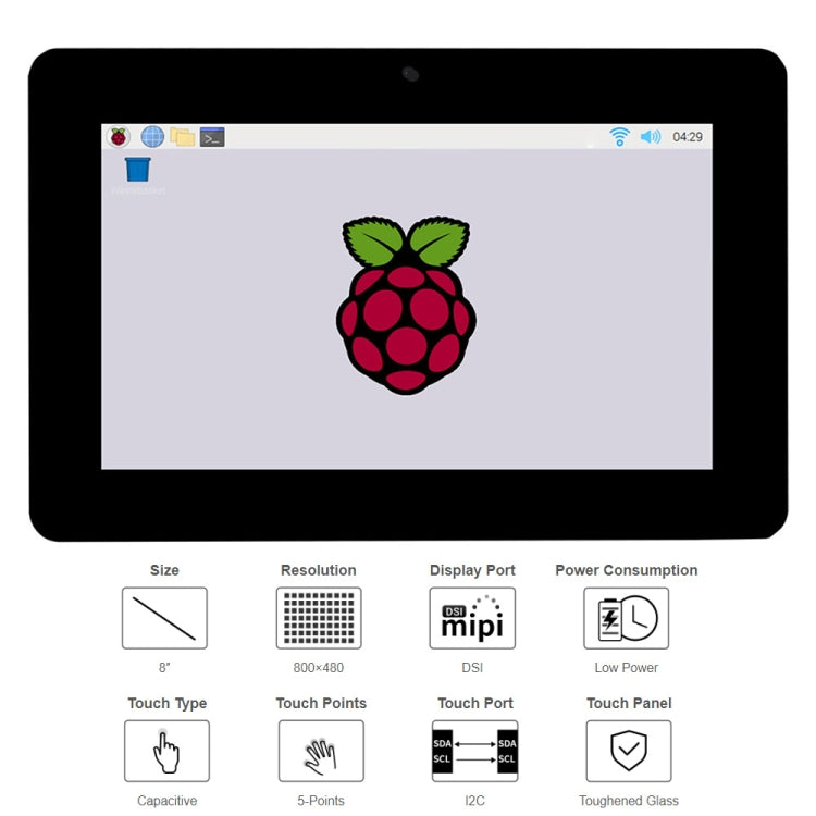 Display touch capacitivo WAVESHARE da 8 pollici 800 x 480 per Raspberry Pi, interfaccia DSI, 8 inch