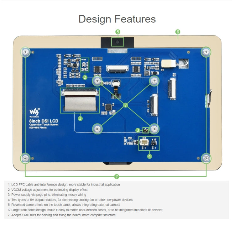 Display touch capacitivo WAVESHARE da 8 pollici 800 x 480 per Raspberry Pi, interfaccia DSI, 8 inch