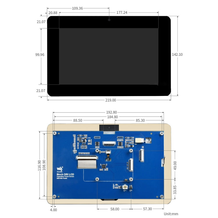 WAVESHARE 8 inch 800 x 480 Capacitive Touch Display for Raspberry Pi, DSI Interface, 8 inch