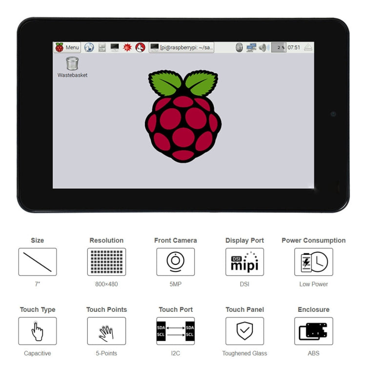 Display touch capacitivo WAVESHARE da 7 pollici 800 x 480 con custodia e fotocamera frontale per Raspberry Pi, 7 inch with Case & Cam