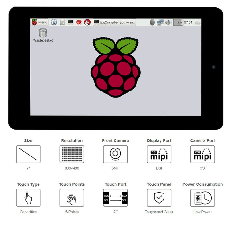 Display touch capacitivo WAVESHARE da 7 pollici 800 x 480 con fotocamera frontale per Raspberry Pi