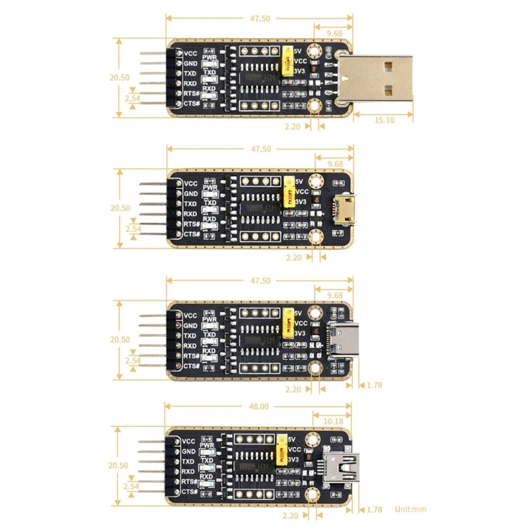 Connettori del modulo di trasmissione ad alta velocità da Waveshare Mini USB a UART, Mini USB