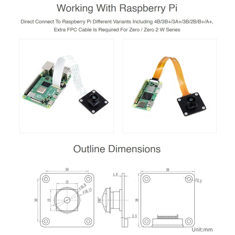 Waveshare IMX378-190 Obiettivo Fisheye Telecamera da campo più ampia da 12,3 MP per Raspberry Pi, IMX378-190 Module