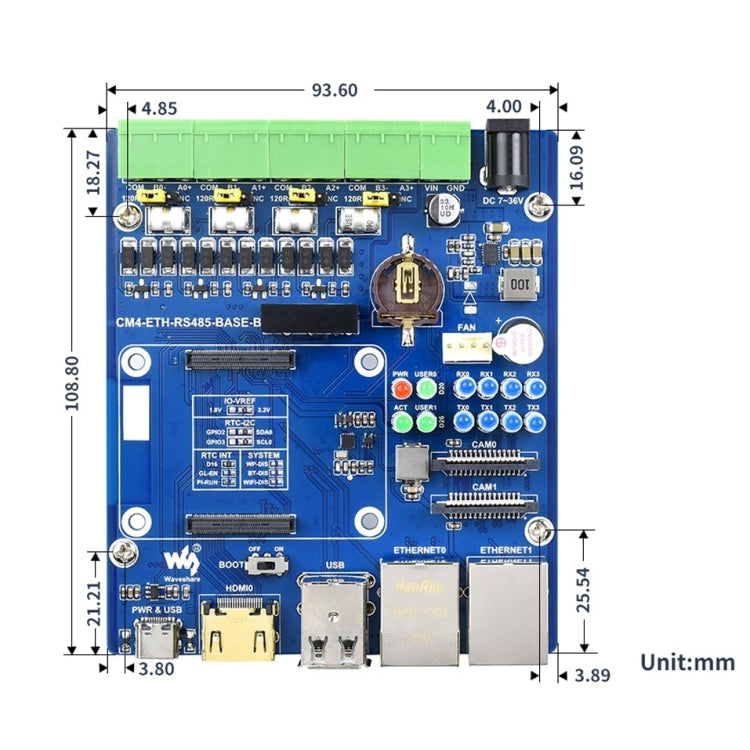 Waveshare Dual ETH Quad RS485 B Base Board for Raspberry Pi CM4, Gigabit Ethernet