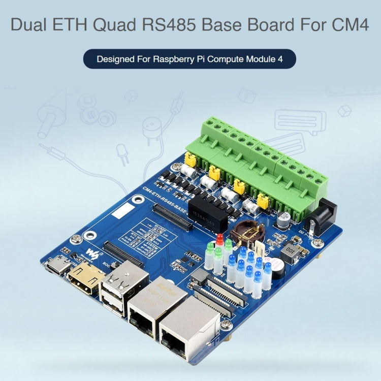 Waveshare Dual ETH Quad RS485 B Base Board for Raspberry Pi CM4, Gigabit Ethernet