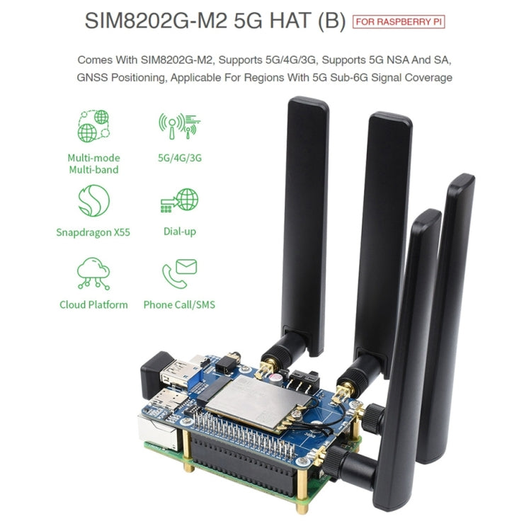 Waveshare SIM8202G-M2 5G HAT B Scheda modulo Snapdragon X55 multibanda per Raspberry Pi, SIM8202G-M2 5G HAT B