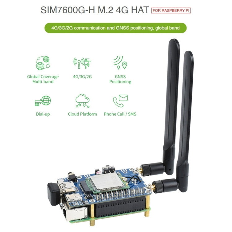 Waveshare SIM7600G-H M.2 4G HAT LTE CAT4 High Speed ​​GNSS Global Band Module for Raspberry Pi, SIM7600G-H M.2 4G HAT