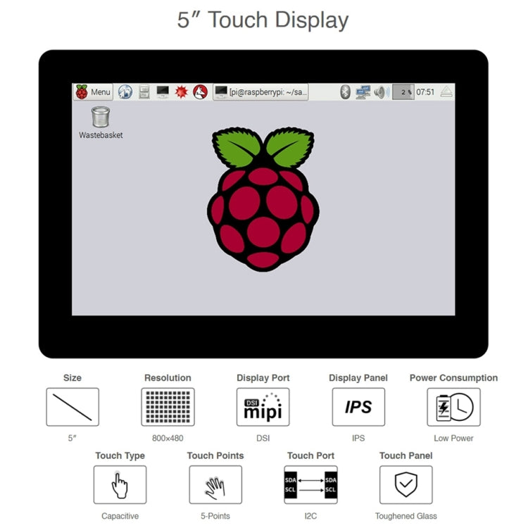 Display touch IPS capacitivo Waveshare da 5 pollici 800 x 480 per Raspberry Pi, interfaccia DSI