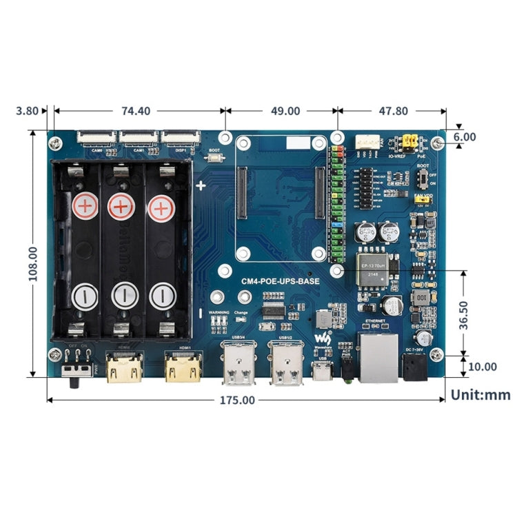 Waveshare PoE UPS Base Board for Raspberry Pi CM4, Gigabit Ethernet, Dual HDMI, Quad USB 2.0, PoE UPS Base Board