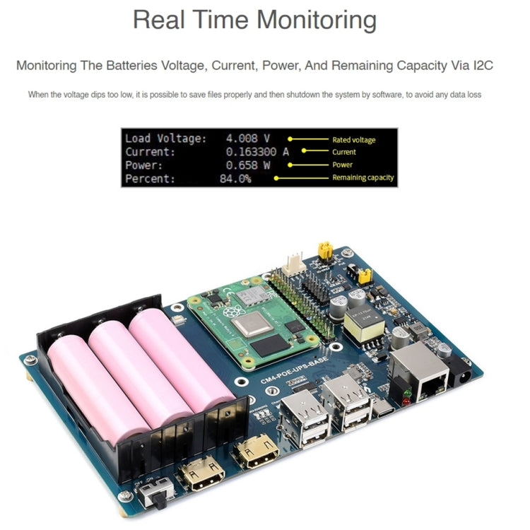 Scheda base UPS Waveshare PoE per Raspberry Pi CM4, Gigabit Ethernet, doppio HDMI, quad USB 2.0, PoE UPS Base Board